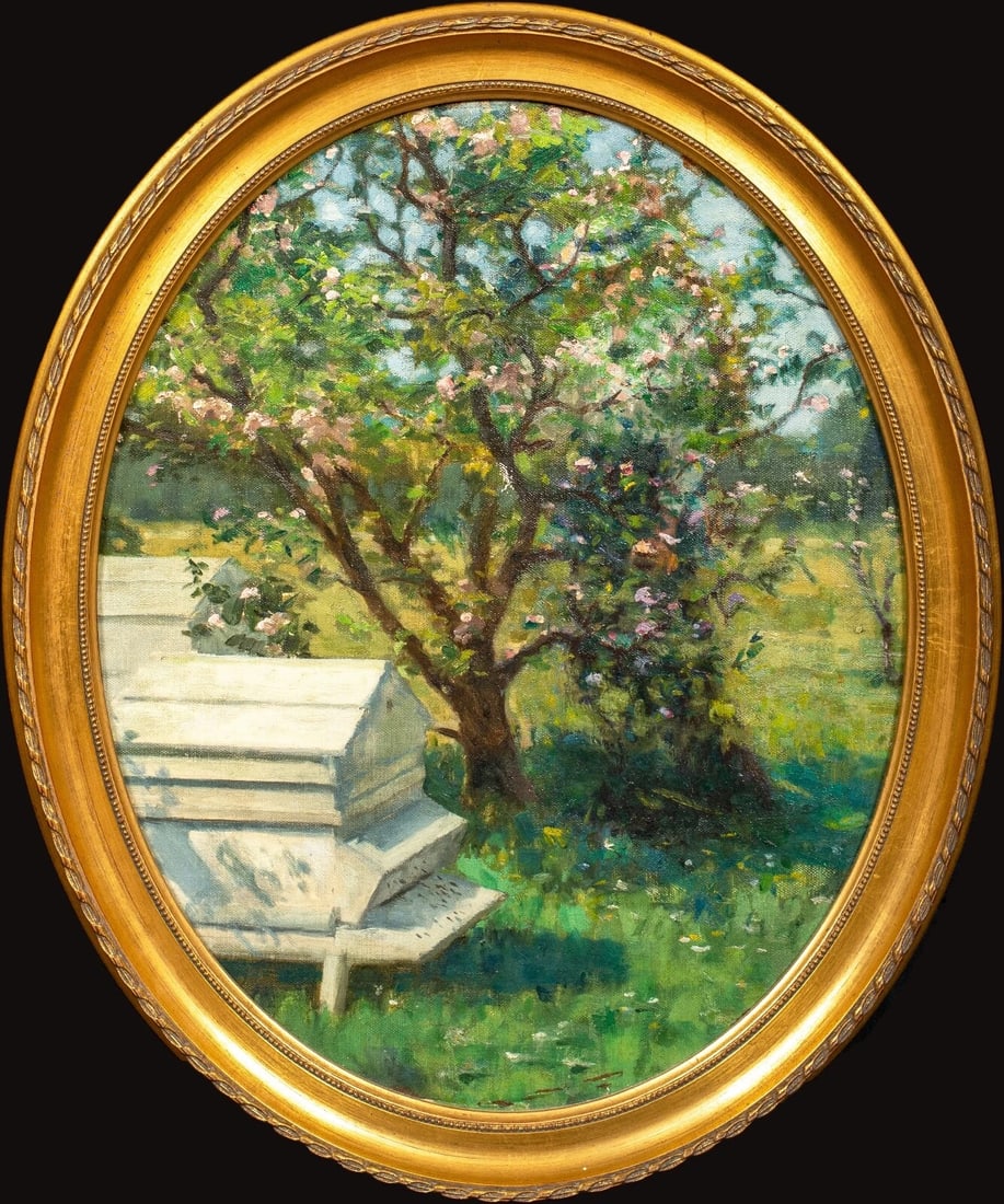 THE BEE HIVE IN SPRING OIL PAINTING: Year: 19th century Size: 22" x 18" Medium: Oil Description: William Banks Fortescue's oil painting from the 19th century depicts a bee hive in the spring. investigation of the hive's quality and condi