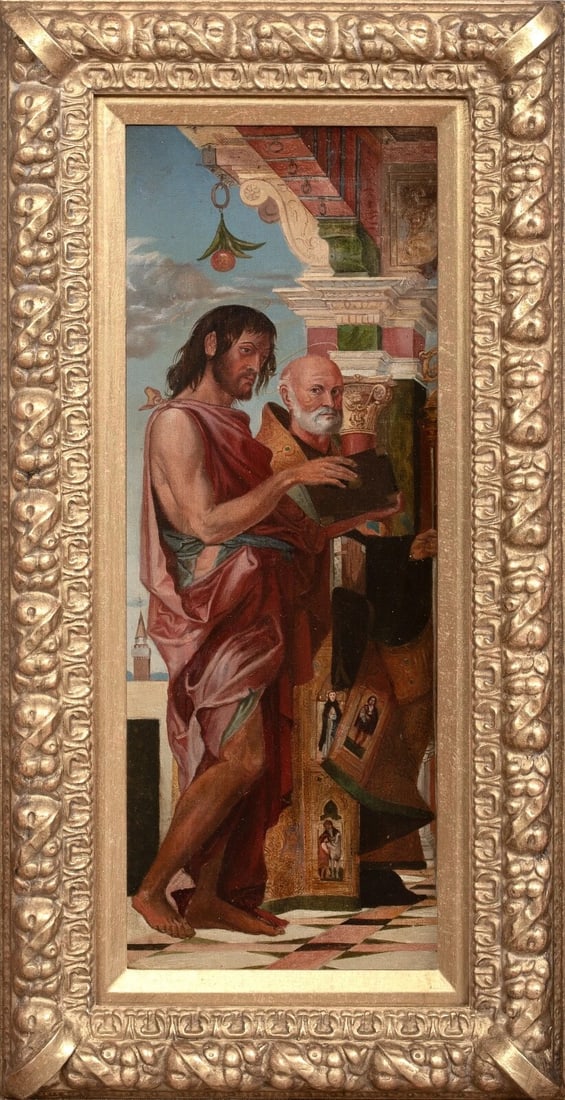 SAINT JOHN THE BAPTIST & SAINT BENEDICT OIL PAINTING: Year: 18th century Size: 23" x 11.5" Medium: Oil Description: Large oil painting of Saint John the Baptist and Saint Benedict from the 18th century by an Italian Old Master. This scene, which is part