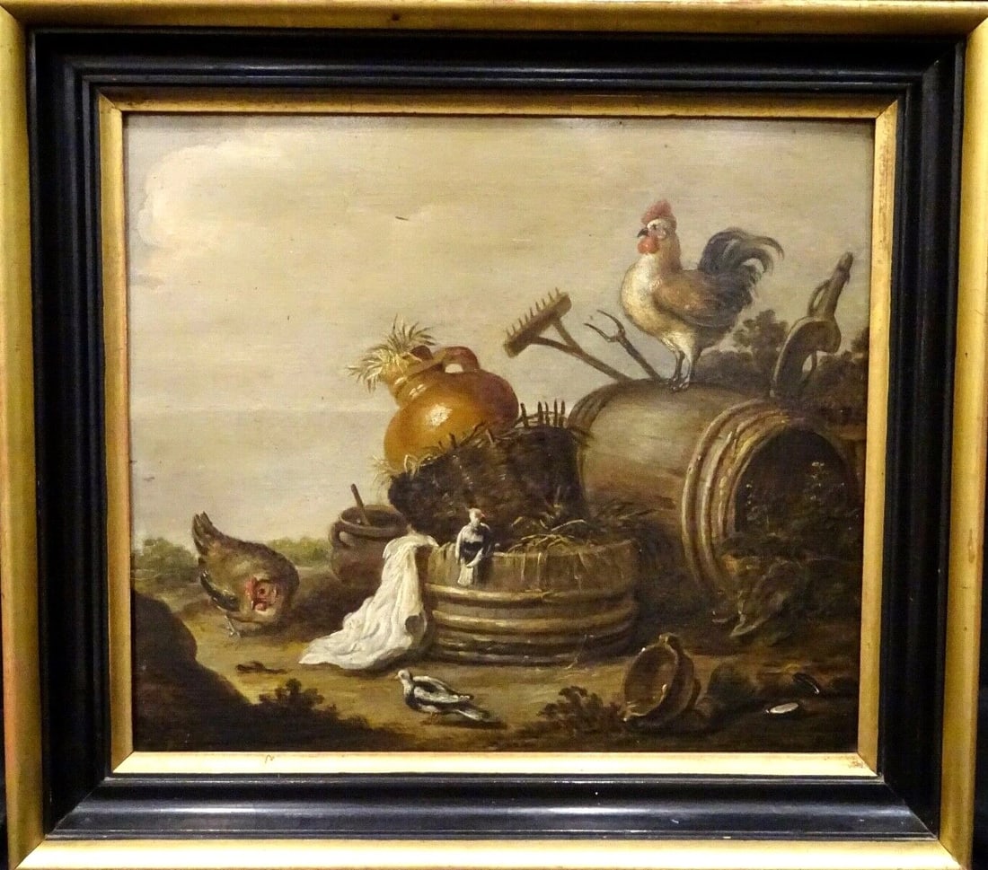 CHICKENS & OTHER BIRDS IN A FARMYARD OIL PAINTING (1 of 11)