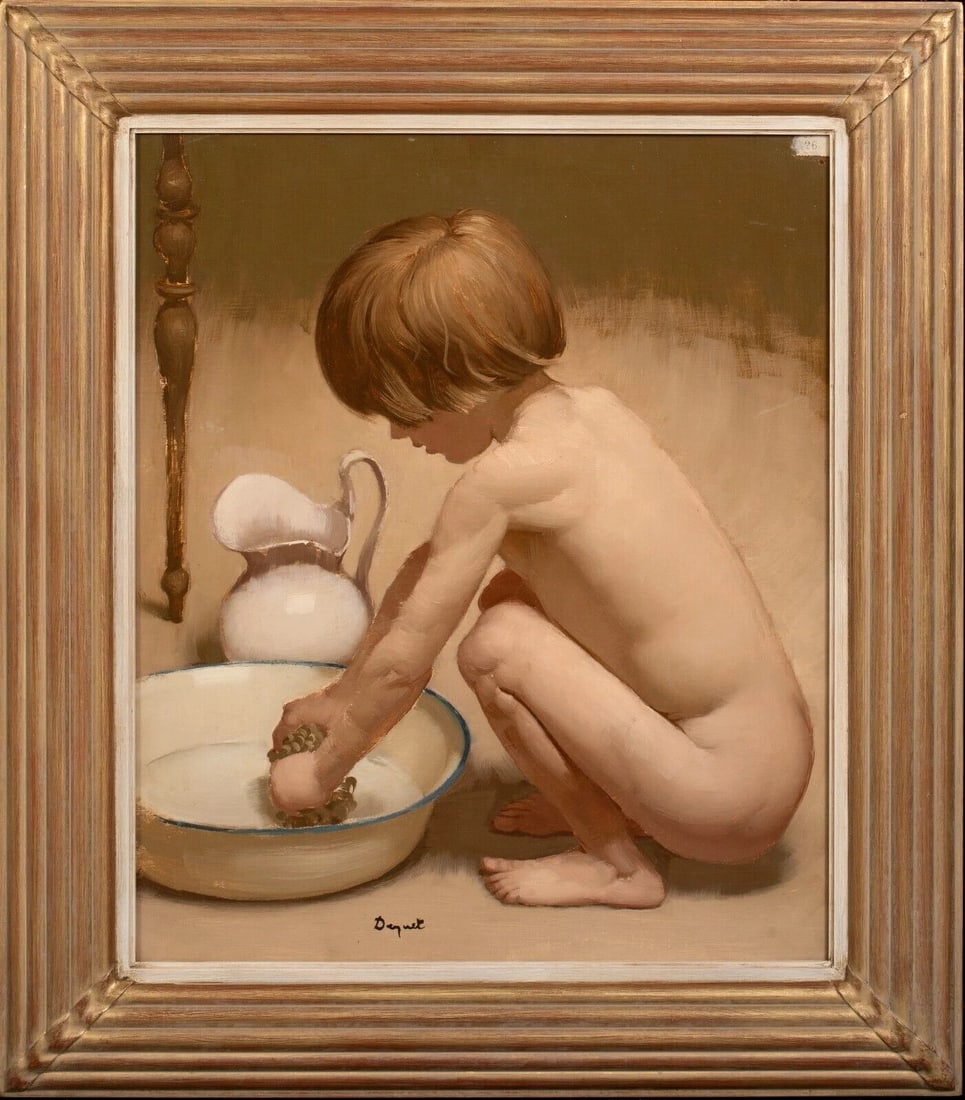 PORTRAIT OF A CHILD AT WASHING OIL PAINTING: Year: 20th century Size: 25.5" x 22" Medium: Oil Description: A large oil painting from the early 20th century depicting a child bathing. Indistinctly signed. Exquisitely detailed and painted in a viv