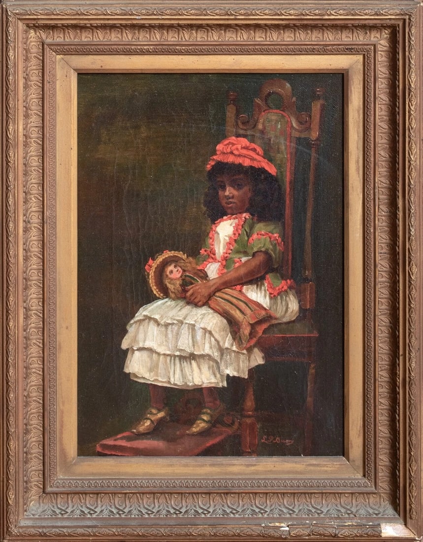 PORTRAIT OF A BLACK GIRL WITH A WHITE DOLL OIL PAINTING: Year: 19th century Size: 20" x 15.5" Medium: Oil Description: L P Burey's large oil on panel portrait of a little black girl seated with a white doll dates back to the 19th century. A little African A