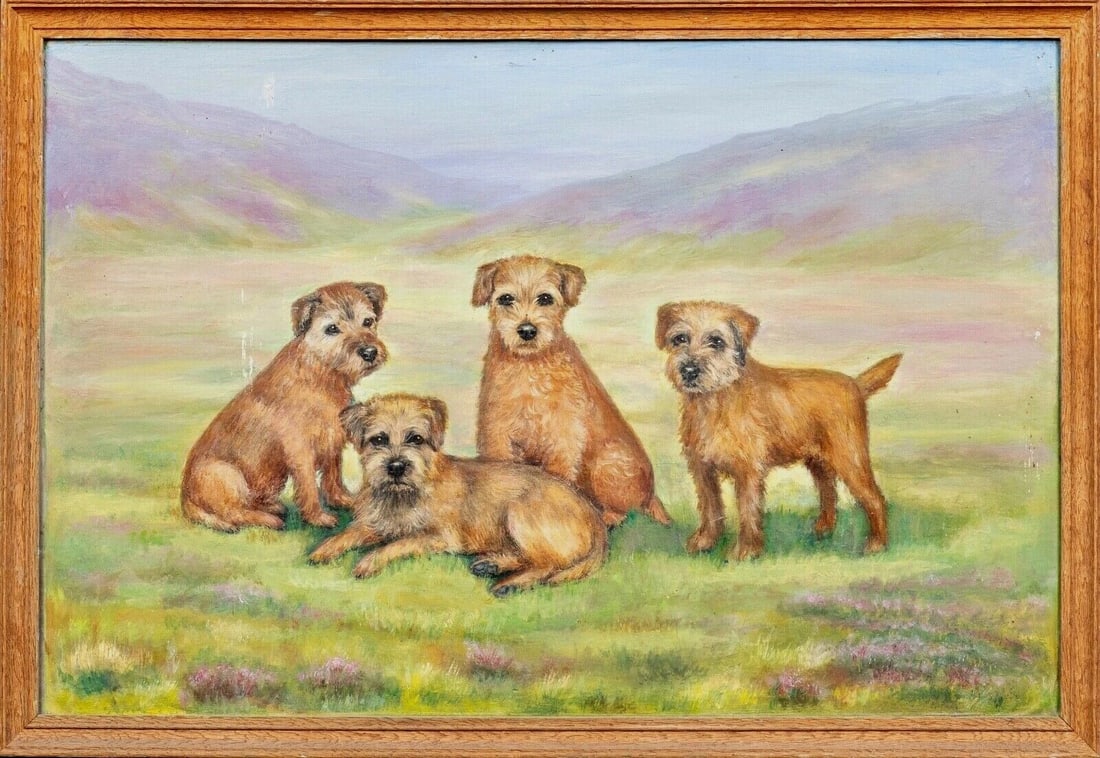 PORTRAIT OF LUCY, LINNET, LORNA & LARK, BORDER TERRIERS OIL PAINTING ATTRIBUTED TO HENRY CROWTHER: Year: 19th century Size: 60cm x 40cm Medium: Oil Description: Henry Crowther is credited with creating this exquisite early 20th-century English School painting, "Lucy, Linnet, Lorna, and Lark," which