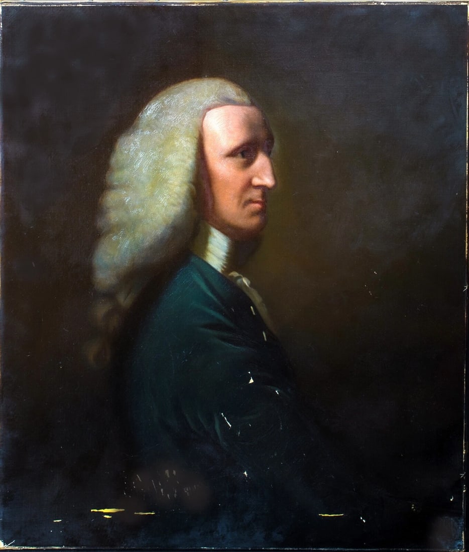 PORTRAIT OF GEORGE, 1ST LORD LYTTELTON OIL PAINTING: Year: 18th century Size: 95cm x 80cm Medium: Oil Description: George, 1st Lord Lyttelton (1709–1773), large oil portrait on canvas. An excellent half-length side profile of the Lord. In 1913, this c