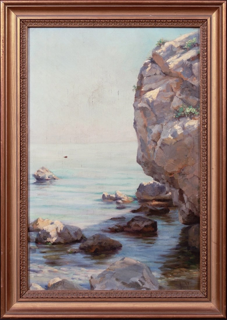 A ROCKY CORNISH COAST OIL PAINTING: Year: 20th century Size: 20" x 14" Medium: Oil Description: Kathleen Walker's oil painting from the early 20th century depicts a rugged Cornish coast. Aside from a single tiny perforation, it is in go