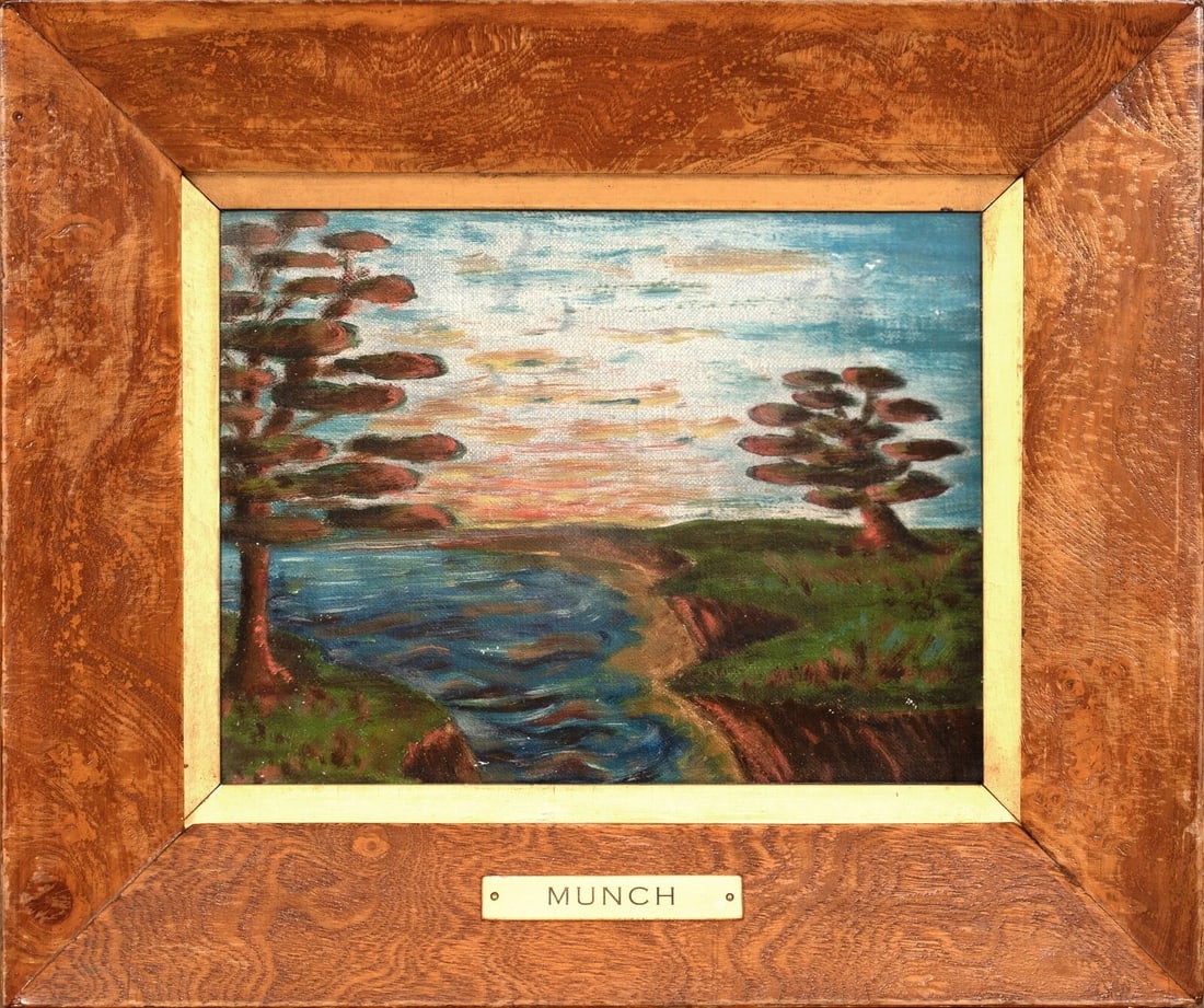 SUNSET RIVER LANDSCAPE OIL PAINTING: Year: 20th century Size: 13" x 11" Medium: Oil Description: An oil painting from the early 20th century depicting a river at sunset with the inscription plaque "Munch" on it. It is in excellent qualit