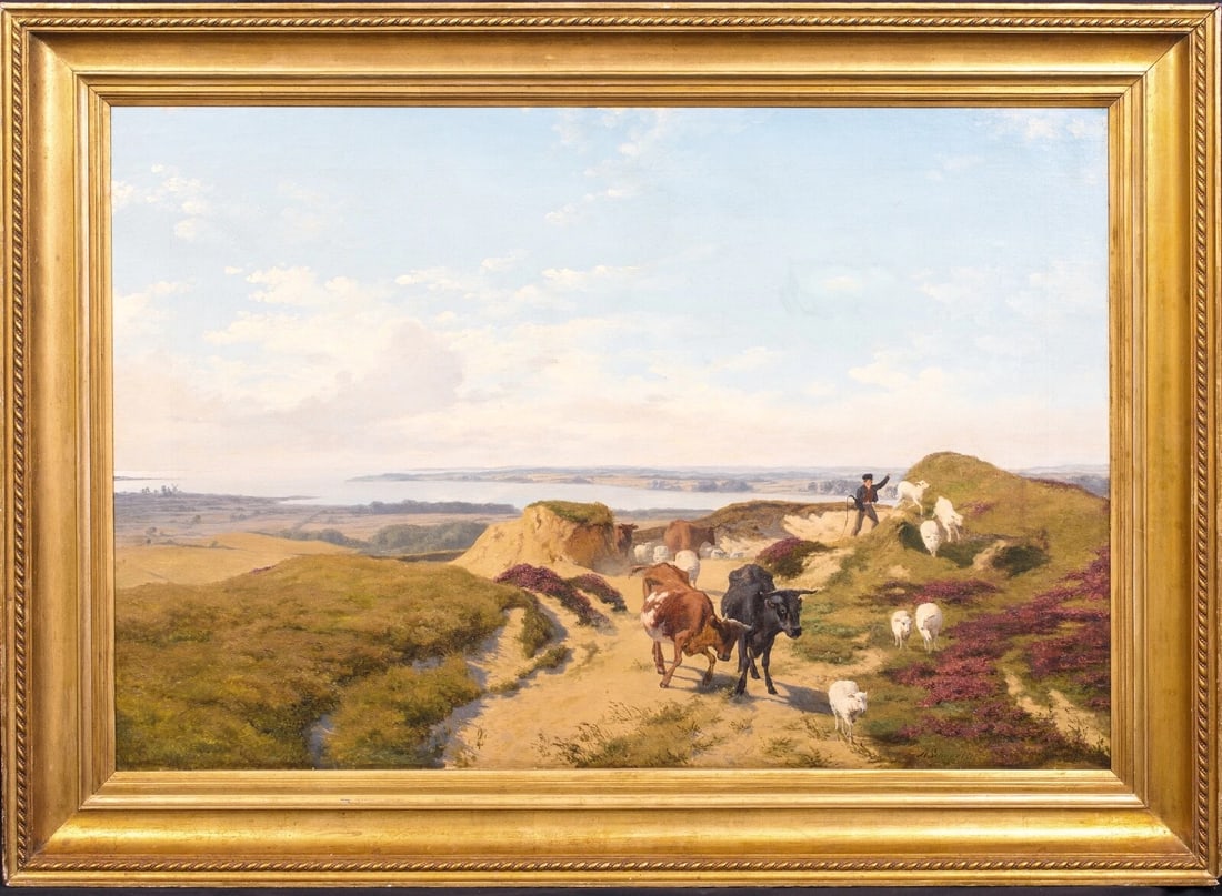 DANISH COASTAL LANDSCAPE OIL PAINTING: Year: 19th century Size: 110cm x 80cm Medium: Oil Description: Excellent huge oil painting by Alex Schovelin from the 19th century depicting a shepherd and his flock along the Danish coast. A signed e