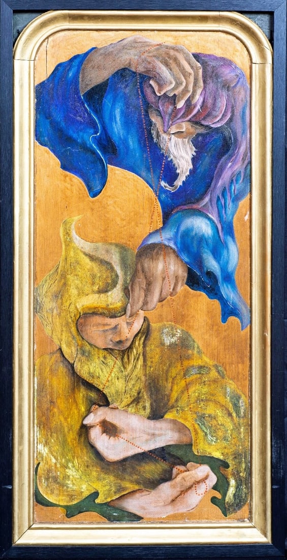 MYSTIC JAPANESE FIGURES OIL PAINTING: Year: 19th century Size: 65cm x 30cm Medium: Oil Description: Exquisite huge oil painting on panel depicting two mysterious characters from the Japanese School circa 1900. Two magical characters in an