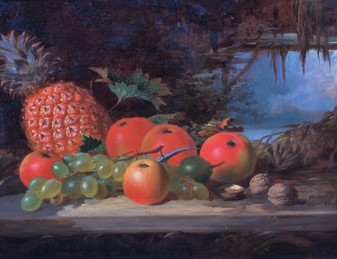 STILL LIFE OF VARIOUS FRUITS AND NUTS OIL PAINTING: Year: 19th century Size: 25" x 20" Medium: Oil Description: Excellent English from the 19th Century William Malbon's oil on panel depicts a still life of different fruits and nuts on a ledge with a la
