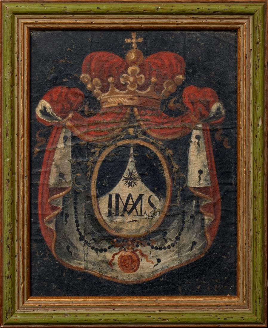 IMAS COAT OF ARMS, INNES CLAN, SIR ROBERT INNES OIL PAINTING: Year: 17th century Size: 8.5" x 7" Medium: Oil Description: Oil on canvas, Scottish Imas Coat of Arms to the Innes Clan, 17th century. Sir Robert Innes, 1st Baron, is credited with creating the first