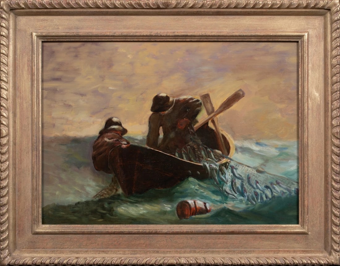 THE HERRING NET OIL PAINTING: Year: 19th century Size: 18.5" x 14.5" Medium: Oil Description: An oil painting of a fisherman hauling in a herring net from an American school from circa 1900. A variant of Homer's larger work in exc