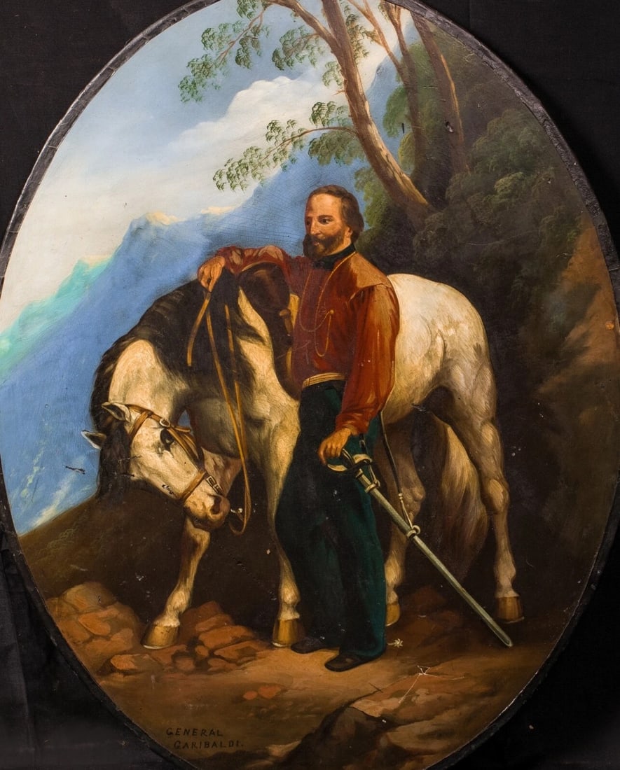 PORTRAIT OF GIUSEPPE MARIA GARIBALDI OIL PAINTING: Year: 19th century Size: 60cm x 50cm Medium: Oil Description: Giuseppe Maria Garibaldi, the leader of Italy, is depicted in this large oil on panel European school portrait from the 19th century. Exce