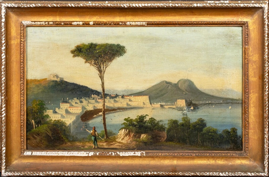 VIEW OF THE BAY OF NAPLE OIL PAINTING: Year: 19th century Size: 25" x 17" Medium: Oil Description: Oil painting by the Neapolitan School from the 19th century depicting the Bay of Naples with Mount Vesuvius in the background. Excellent qua