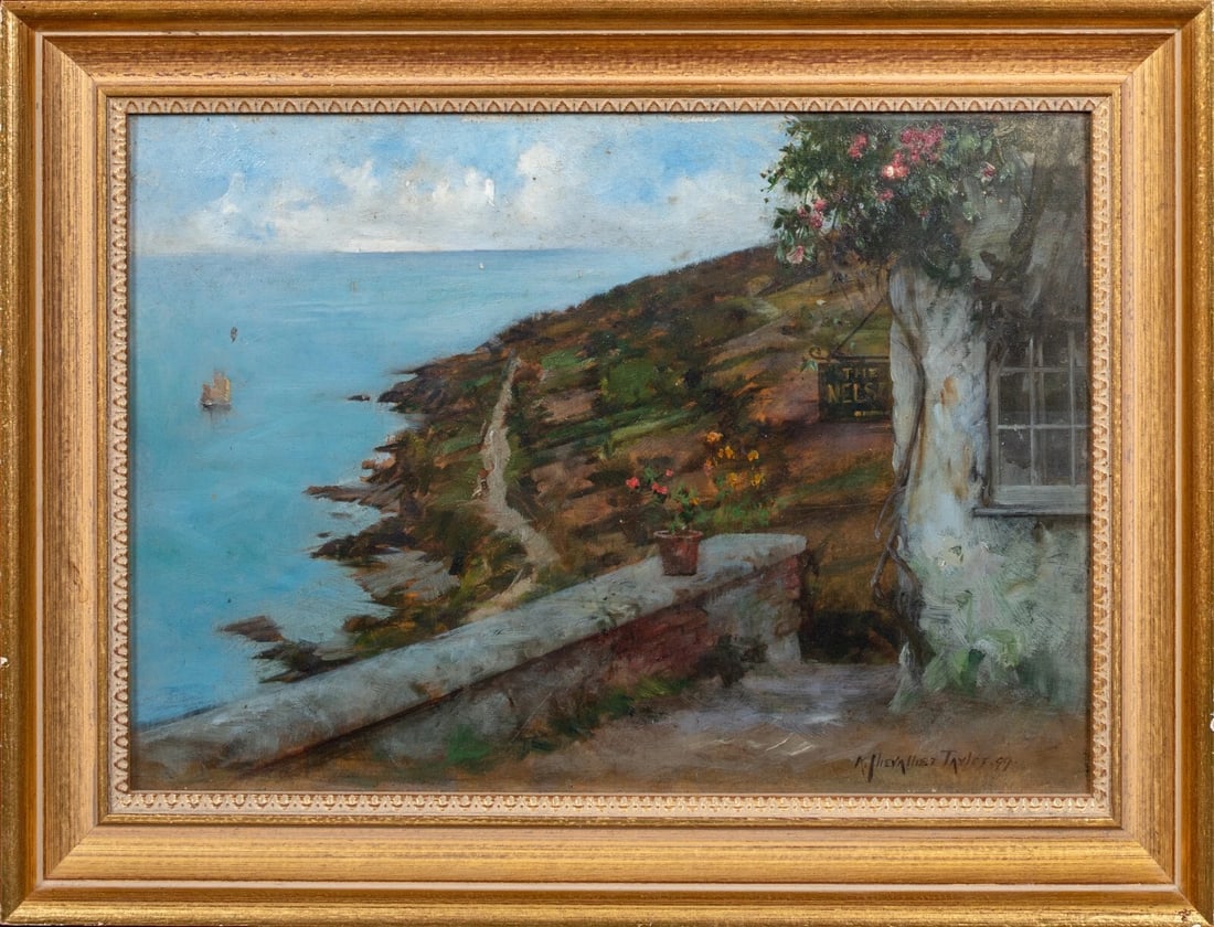 VIEW OF THE COAST, CORNWALL OIL PAINTING: Year: 19th century Size: 17" x 13" Medium: Oil Description: 19th-century oil on panel painting by Albert Chevalier Tayler depicting a coastal vista from a hilltop cottage in Cornwall. A superb specime