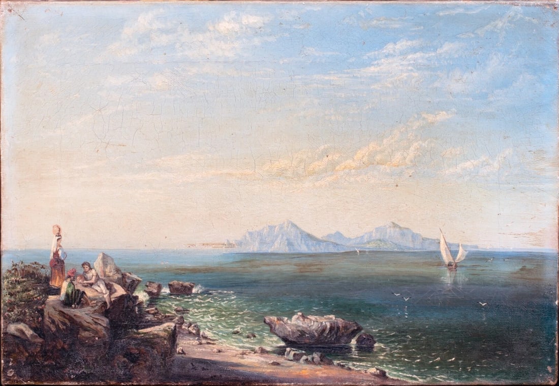 VIEW ACROSS THE WATER OIL PAINTING: Year: 19th century Size: 18" x 12" Medium: Oil Description: A pair of 19th-century Italian oil paintings depicting Malta or a Neapolitan harbor or port, with humans in the foreground and a hill in the