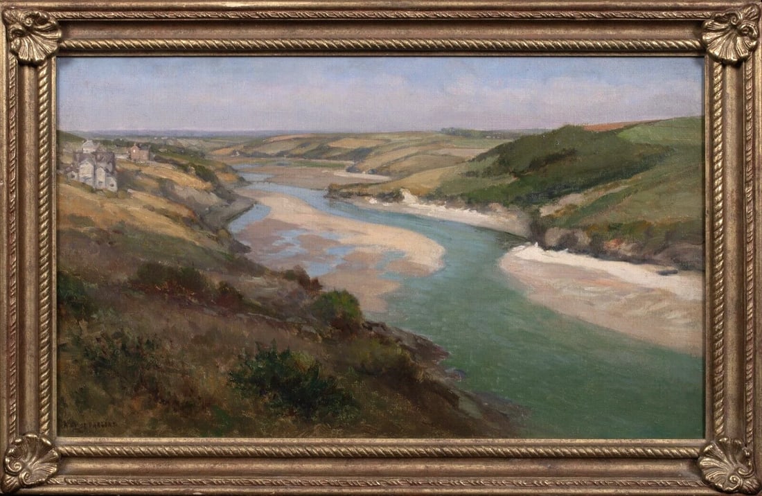VIEW OF THE GANNEL ESTUARY CRANTOCK OIL PAINTING: Year: 19th century Size: 22" x 15" Medium: Oil Description: Arthur Wilde PARSONS, oil on canvas, The Gannel Estuary Crantock, Cornwall, around 1900. A rare early account of the Cornish village, this a