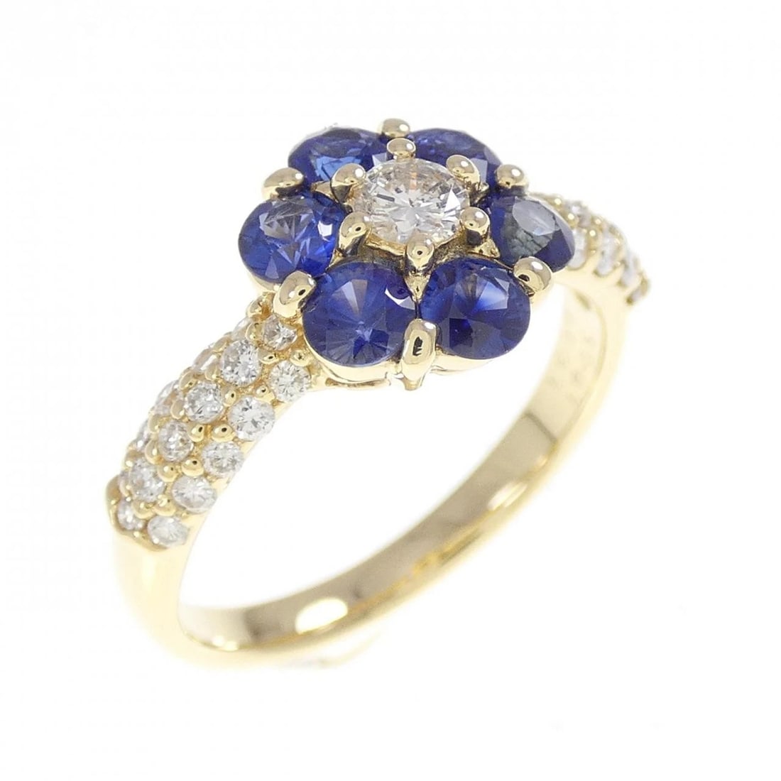 K18YG FLOWER SAPPHIRE RING: K18YG Flower Sapphire Ring Brand: Unbranded Type: Ring Material: K18 Yellow Gold, Main Stone/Creation sapphire Color: yellow gold Size: 6-6.5US Accessories: None Accessories Notice: When