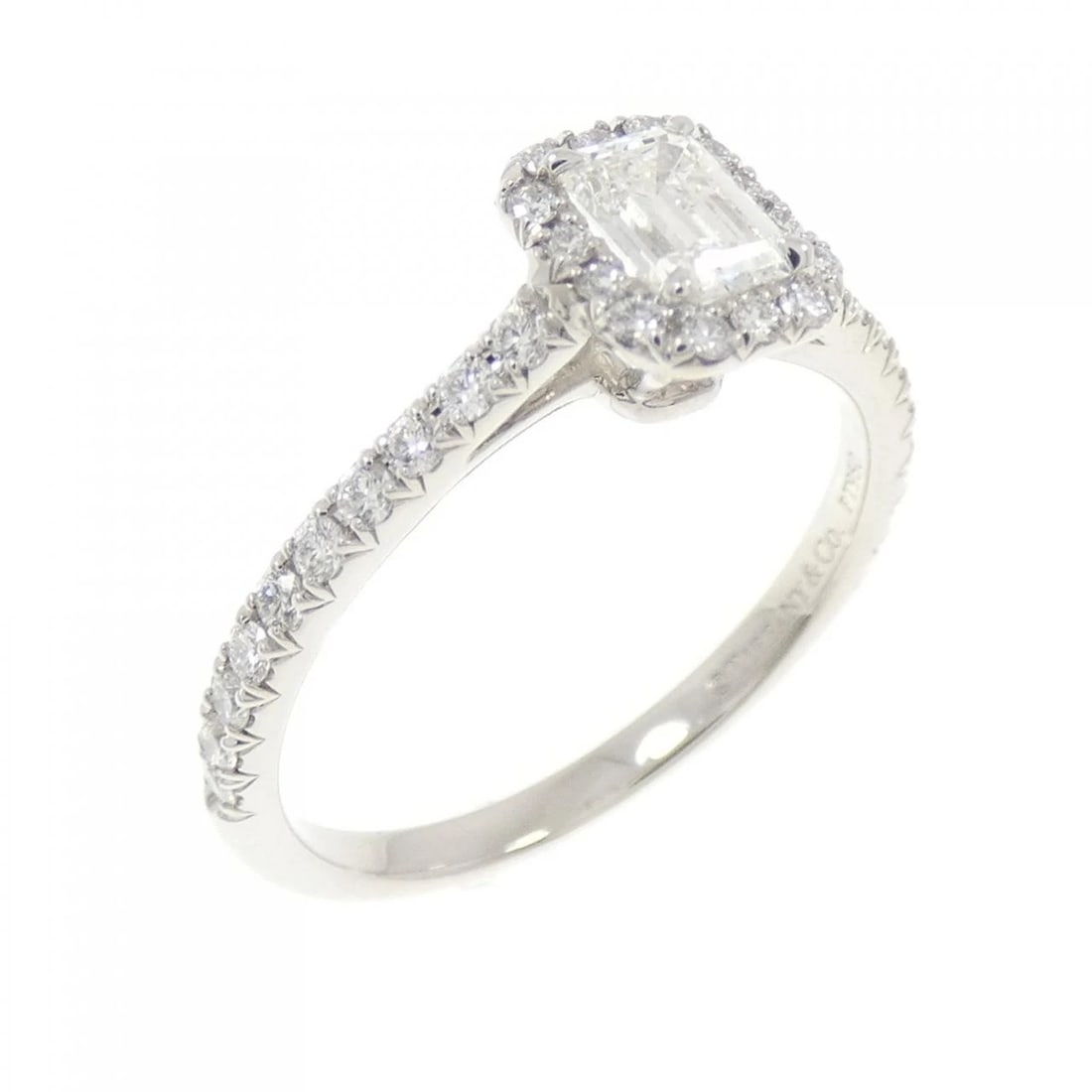 TIFFANY SOLESTE EMERALD CUT RING: Tiffany Soleste Emerald cut Ring Brand: Tiffany Type: Ring Material: Platinum 950, Main Stone/Creation Natural Color: Platinum Size: 5 (US size) Accessories: None Accessories Notice: When