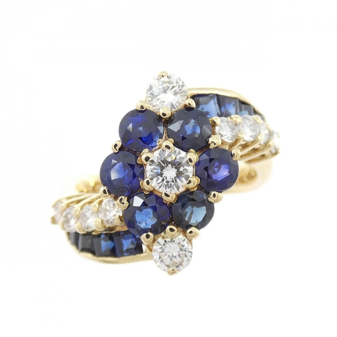 K18YG FLOWER SAPPHIRE RING: K18YG Flower Sapphire Ring Brand: Unbranded Type: Ring Material: K18 Yellow Gold, Main Stone/Creation sapphire Color: yellow gold Size: 6.5-7 (US size) Accessories: None Accessories Notice: