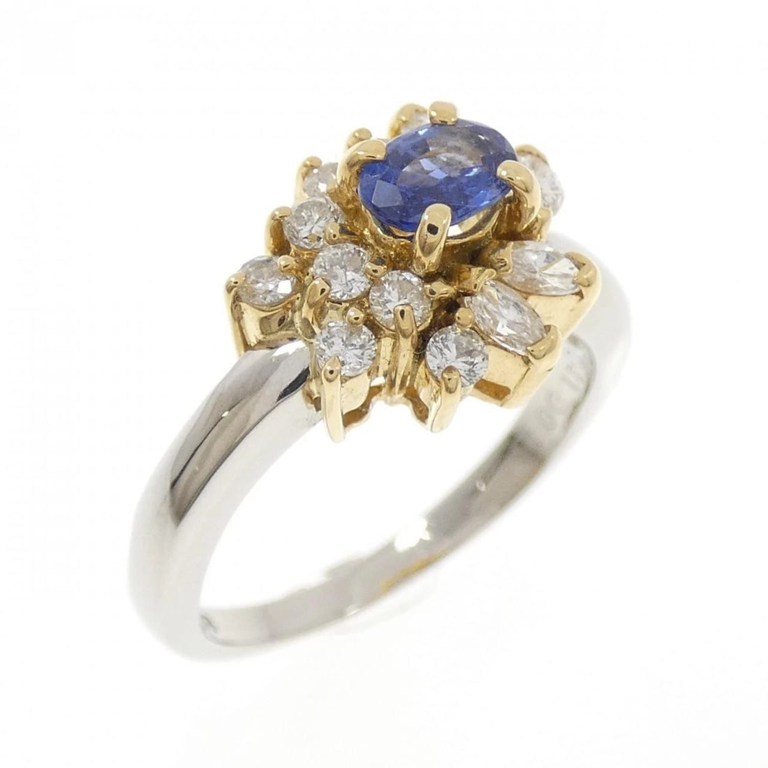PT850 K18YG SAPPHIRE RING: PT850 K18YG Sapphire Ring Brand: Unbranded Type: Ring Material: Platinum 850 K18 Yellow Gold, Main Stone/Creation sapphire Color: platinum Size: 6.5US Accessories: None Accessories Notice: