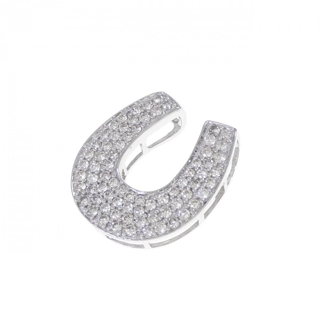 K18WG HORSE SHOE DIAMOND PENDANT: K18WG Horse Shoe Diamond Pendant Brand: Unbranded Type: Pendant Brooch Material: K18 White Gold, Main Stone/Creation Natural Color: white gold Size: HxW: 17.2mmx15.6mm Accessories: None