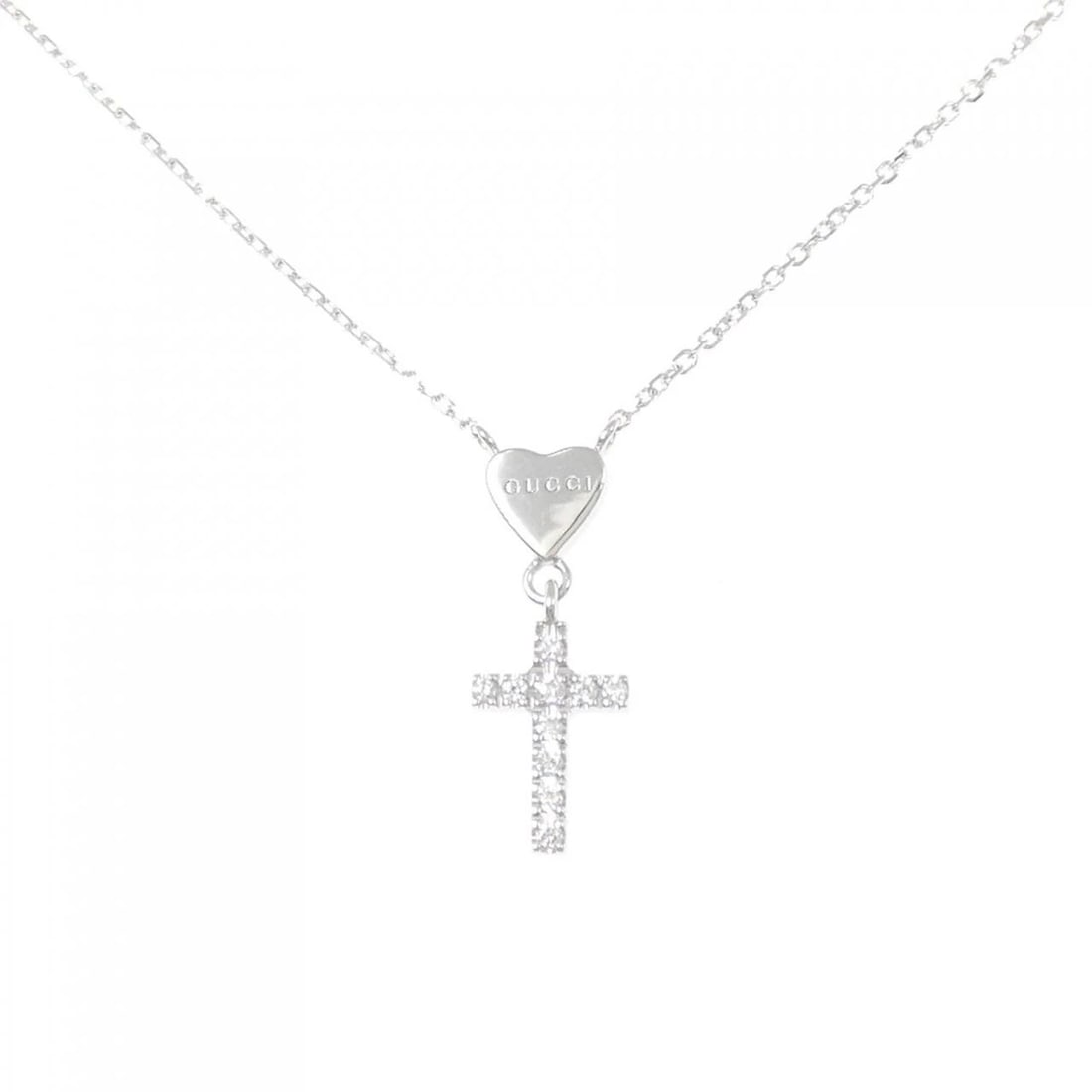 GUCCI CROSS DIAMOND NECKLACE: GUCCI Cross Diamond Necklace Brand: GUCCI Type: Necklace Material: 750 White Gold, Main Stone/Creation Natural Color: White Gold Size: 42 45cm,ActualSize Pendant top H x W: 17.5mmx6.7mm Chain