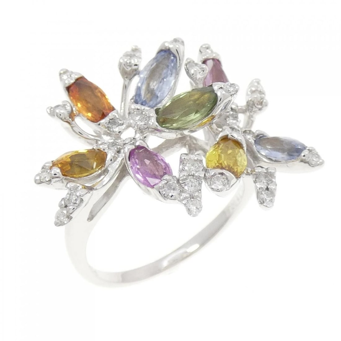 K14WG FLOWER SAPPHIRE RING: K14WG Flower Sapphire Ring Brand: Unbranded Type: Ring Material: K14 White Gold, Main Stone/Creation sapphire Color: white gold Size: 6.5-7US Accessories: None Accessories Notice: When