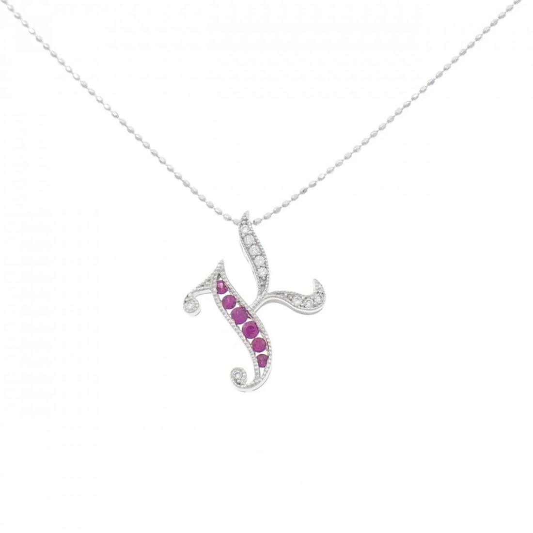 K18WG RUBY INITIALS K NECKLACE: K18WG Ruby Initials K Necklace Brand: Unbranded Type: Necklace Material: K18 White Gold, Main Stone/Creation ruby Color: white gold Size: 46cmPendant top H x W: 18.7mmx15.7mm Chain Max. W: