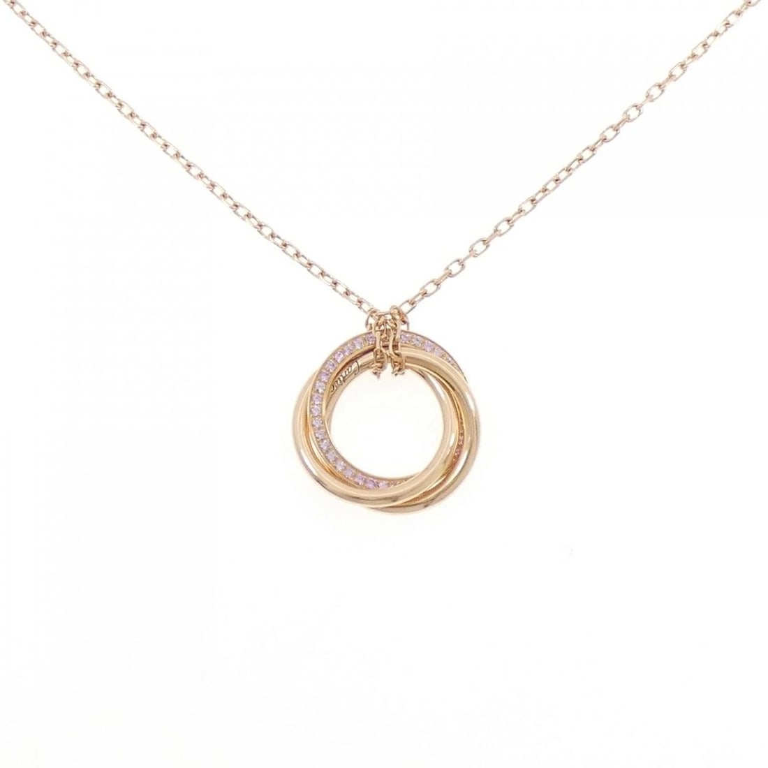 CARTIER TRINITY NECKLACE: Cartier Trinity Necklace Brand: Cartier Type: Necklace Material: 750 Pink Gold, Main Stone/Creation Sapphire Color: Pink Gold Size: 39 42cm,ActualSize Pendant top H x W: 18.2mmx18.3mm Chain
