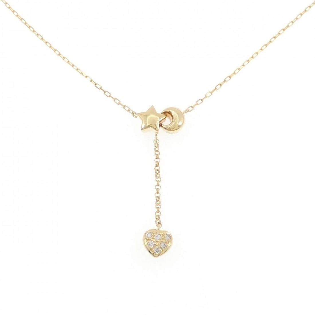 K18YG HEART X STAR X MOON DIAMOND NECKLACE: K18YG Heart x Star x Moon Diamond Necklace Brand: Unbranded Type: Necklace Material: K18 Yellow Gold, Main Stone/Creation Natural Color: yellow gold Size: 41cm ActualSize Pendant top H x W: