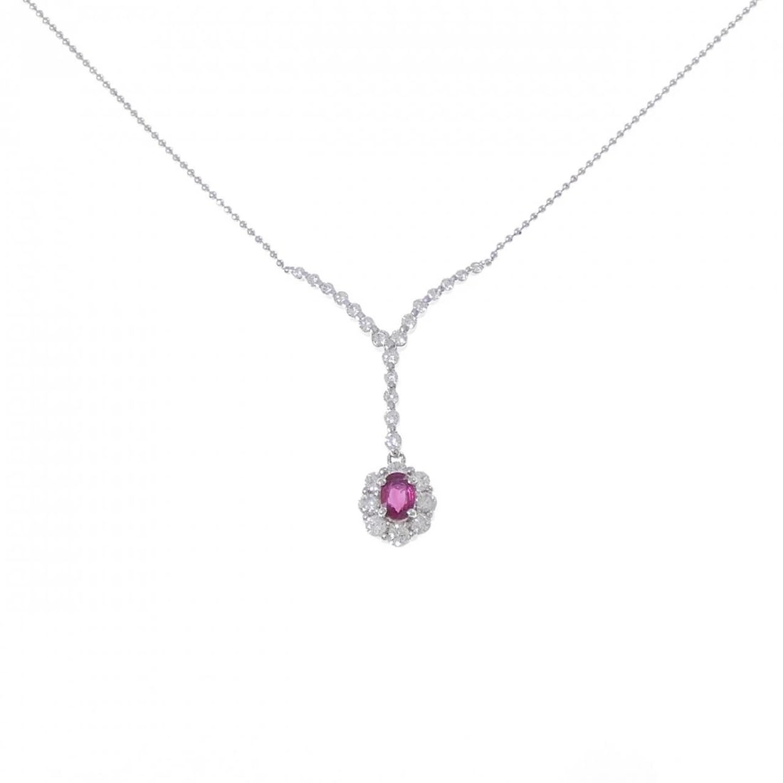 PT900 PT850 RUBY NECKLACE: PT900 PT850 Ruby Necklace Brand: Unbranded Type: Necklace Material: Platinum 900 Platinum 850, Main Stone/Creation ruby Color: platinum Size: 39cm Pendant top H x W: 32.8mmx21.8mm Chain Max.