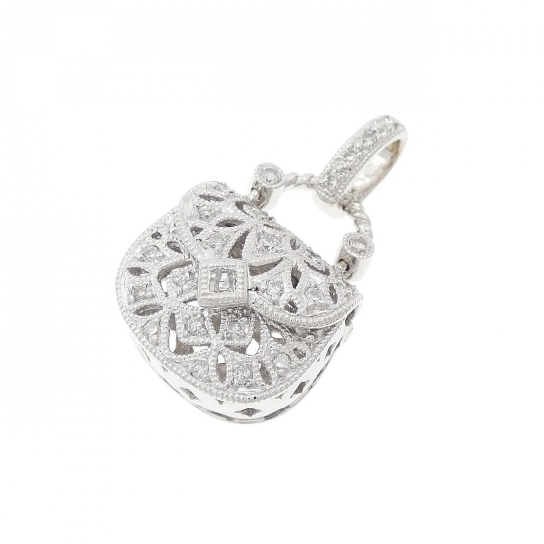 K18WG BAG DIAMOND PENDANT: K18WG Bag Diamond Pendant Brand: Unbranded Type: Pendant Brooch Material: K18 White Gold, Main Stone/Creation Natural Color: white gold Size: HxW: 22.3mmx13.3mm Accessories: None Accessories