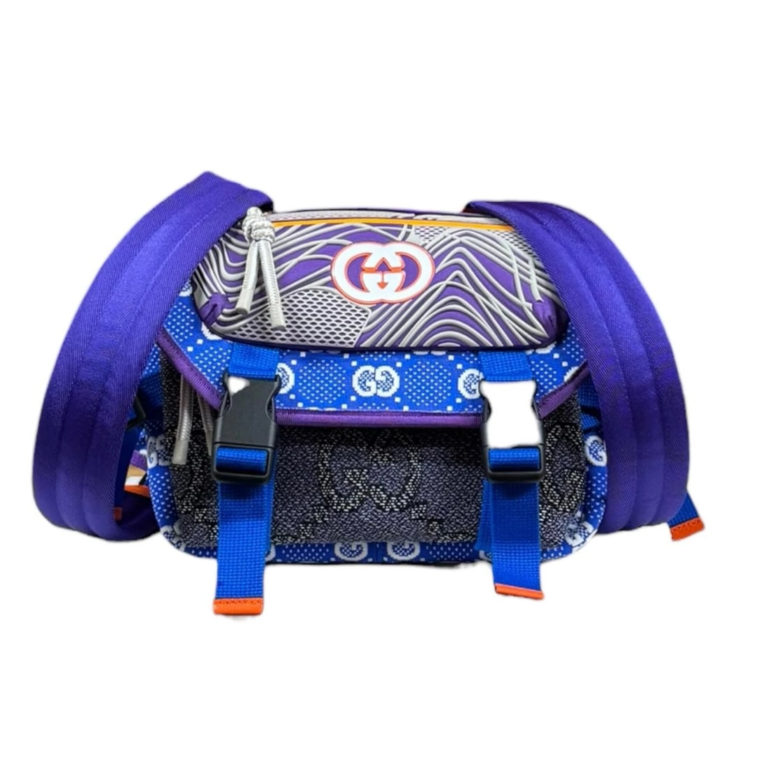 GUCCI BACKPACK Â· DAYPACK NYLON RUBBER 2WAY GG BACKPACK Â· DAYPACK: GUCCI Backpack Â· Daypack Nylon rubber 2way GG Backpack Â· Daypack Brand: GUCCI Type: Backpack Â· Daypack Material: Exterior Material Nylon Color: blue / purple x Orange Size: W10.2 x H7.9 x