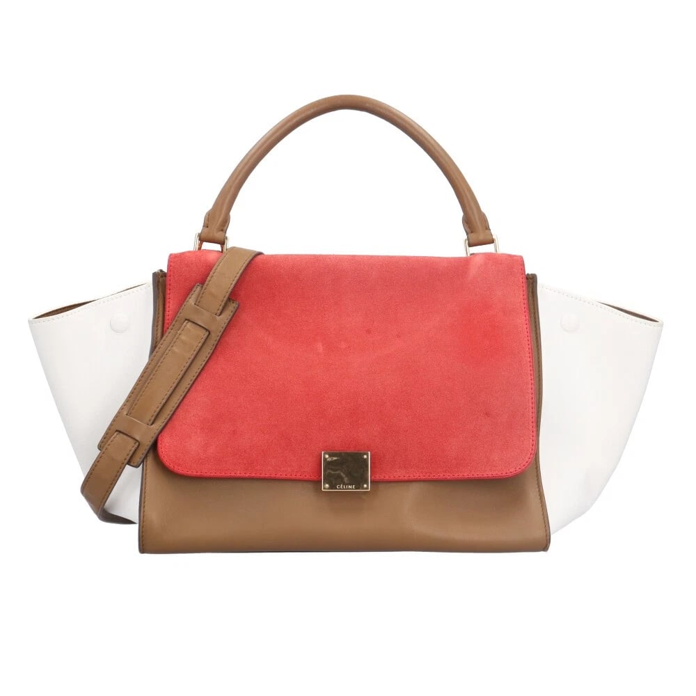 CELINE SHOULDER BAG SUEDE LEATHER 2WAY SHOULDER BAG: CELINE Shoulder Bag Suede leather 2way Shoulder Bag Brand: CELINE Type: Shoulder Bag Material: Exterior Material Suede Color: Red / white x Brown Size: W11.8 x H9.1 x D6.9inch Handle:13.0inch