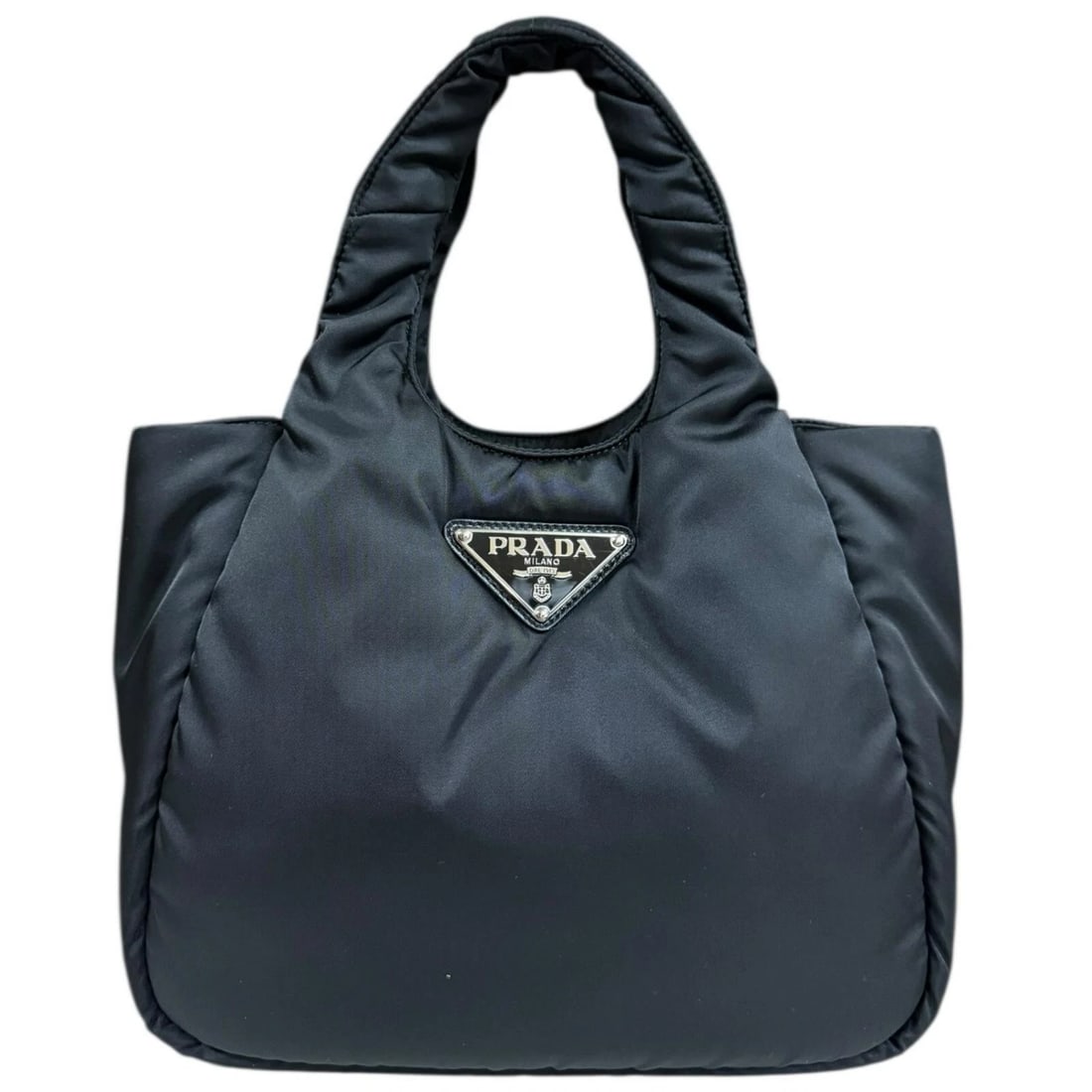 PRADA HANDBAG NYLON PADDED HANDBAG HANDBAG: PRADA Handbag Nylon Padded handbag Handbag Brand: PRADA Type: Handbag Material: Exterior Material Nylon Color: black Size: W9.8 x H8.3 x D5.1inch Handle:11.8inch Accessories: None Accessor