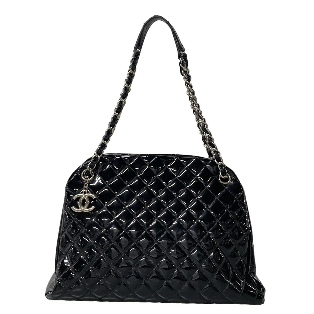 CHANEL MADEMOISELLE BOWLING BAG BLACK PATENT SHOULDER BAG: CHANEL Mademoiselle Bowling Bag Black Patent Shoulder Bag Brand: CHANEL Type: Shoulder Bag Material: Patent Leather Color: Black Size: Height : 9.25 inch (23.5 cm) cidth : 12.99 inch" (33 cm)