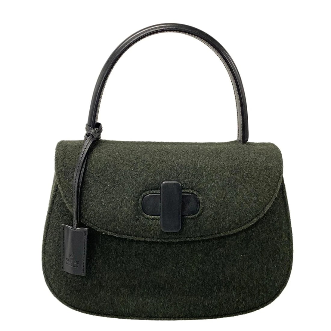 GUCCI DARK GREEN BLACK WOOL LEATHER HANDBAG HANDBAG: GUCCI Dark Green Black Wool Leather Handbag Handbag Brand: GUCCI Type: Handbag Material: Wool, Leather Color: Dark Green, Black Size: Height : 5.91 inch (15 cm) Width : 7.87 inch (20 cm) - 8.66 in