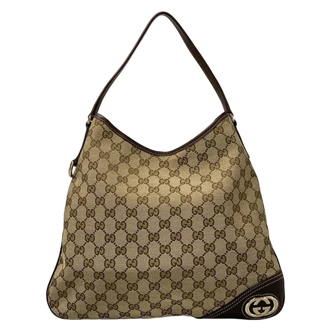 GUCCI GG/NEW BRITT DARK BROWN BEIGE JACQUARD LEATHER SHOULDER BAG SHOULDER BAG: GUCCI GG/New Britt Dark Brown Beige Jacquard Leather Shoulder Bag Shoulder Bag Brand: GUCCI Type: Shoulder Bag Material: Jacquard, Leather Color: Dark Brown, Beige Size: Height : 10.63 inch (27 cm