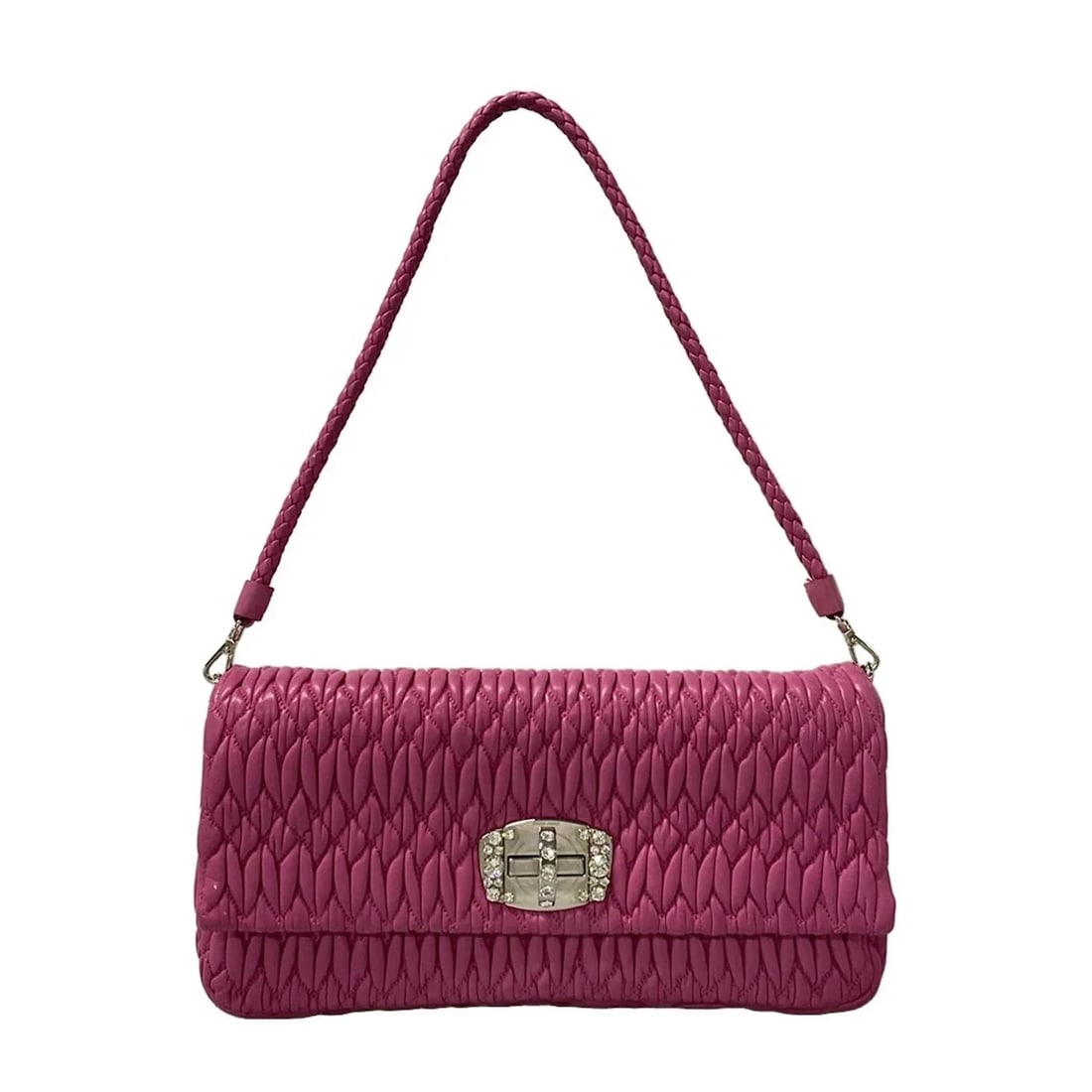 MIUMIU MIU CRYSTAL MATELASSE PINK LEATHER HANDBAG: miumiu Miu Crystal Matelasse Pink Leather Handbag Brand: miumiu Type: Handbag Material: Leather Color: Pink Size: Height : 5.71 inch (14.5 cm) Width : 11.02 inch (28 cm) Depth : 1.38 inch (3.5 cm)