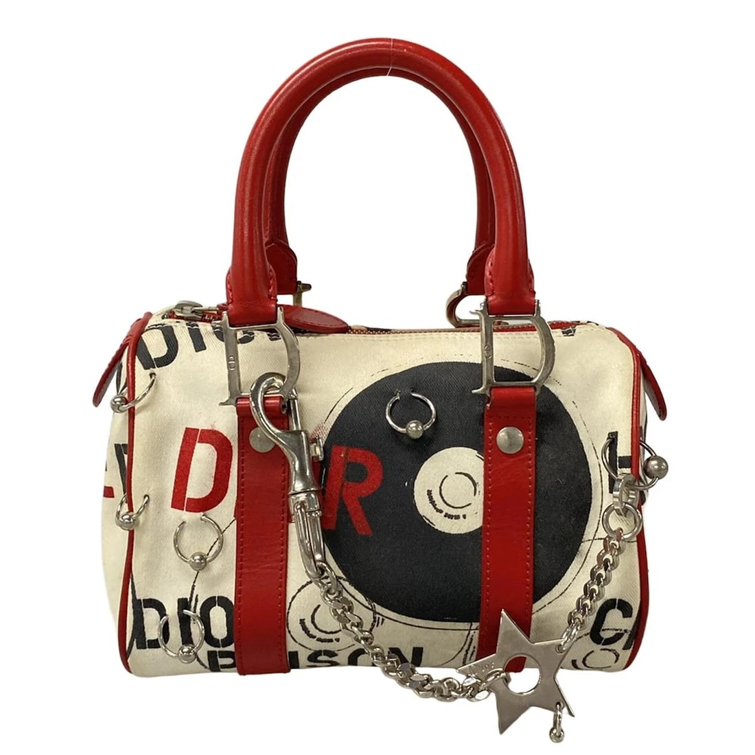 DIOR/CHRISTIANDIOR HARDCORE CREAM RED BLACK CANVAS LEATHER HANDBAG: DIOR/ChristianDior Hardcore Cream Red Black Canvas Leather Handbag Brand: DIOR/ChristianDior Type: Handbag Material: Canvas, Leather Color: Cream, Red, Black Size: Height : 5.91 inch (15 cm) Width