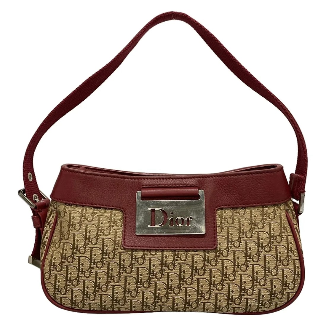 DIOR/CHRISTIANDIOR STREET CHIC TROTTER DARK BROWN BEIGE RED JACQUARD LEATHER HANDBAG: DIOR/ChristianDior Street Chic Trotter Dark Brown Beige Red Jacquard Leather Handbag Brand: DIOR/ChristianDior Type: Handbag Material: Jacquard, Leather Color: Dark Brown, Beige, Red Size: Height