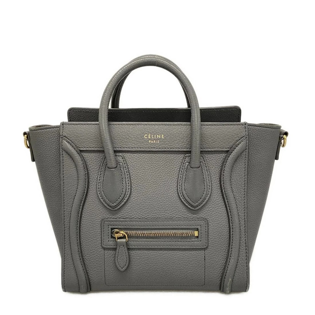 CELINE LUGGAGE NANO SHOPPER - DARK GRAY DRUMMED CALFSKIN HANDBAG: CELINE Luggage Nano Shopper - Dark Gray Drummed calfskin Handbag Brand: CELINE Type: Handbag Material: Drummed calfskin Color: Dark Gray Size: Height : 8.27 inch (21 cm) Width : 7.87 inch (20 cm)