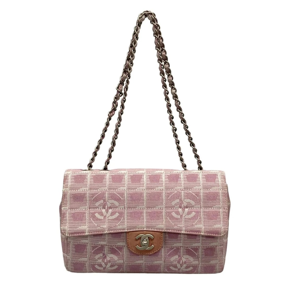 CHANEL NEW TRAVEL LINE / CHOCOLATE BAR STITCH PINK NYLON JACQUARD SHOULDER BAG (1 of 11)