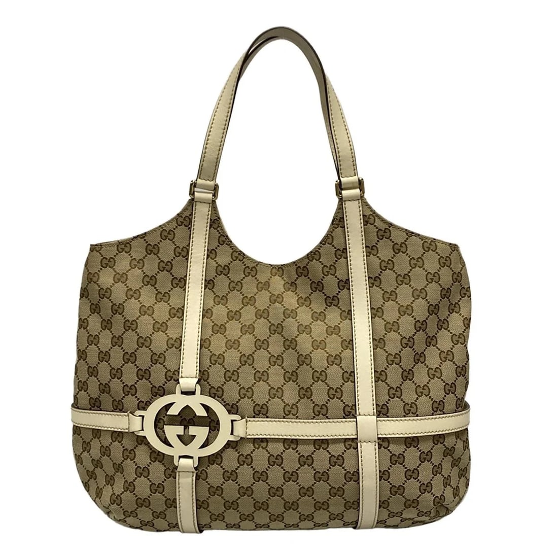 GUCCI GG BEIGE DARK BROWN WHITE JACQUARD LEATHER TOTE BAG TOTE BAG: GUCCI GG Beige Dark Brown White Jacquard Leather Tote Bag Tote Bag Brand: GUCCI Type: Tote Bag Material: Jacquard, Leather Color: Beige, Dark Brown, White Size: Height : 12.99 inch (33 cm) Width :