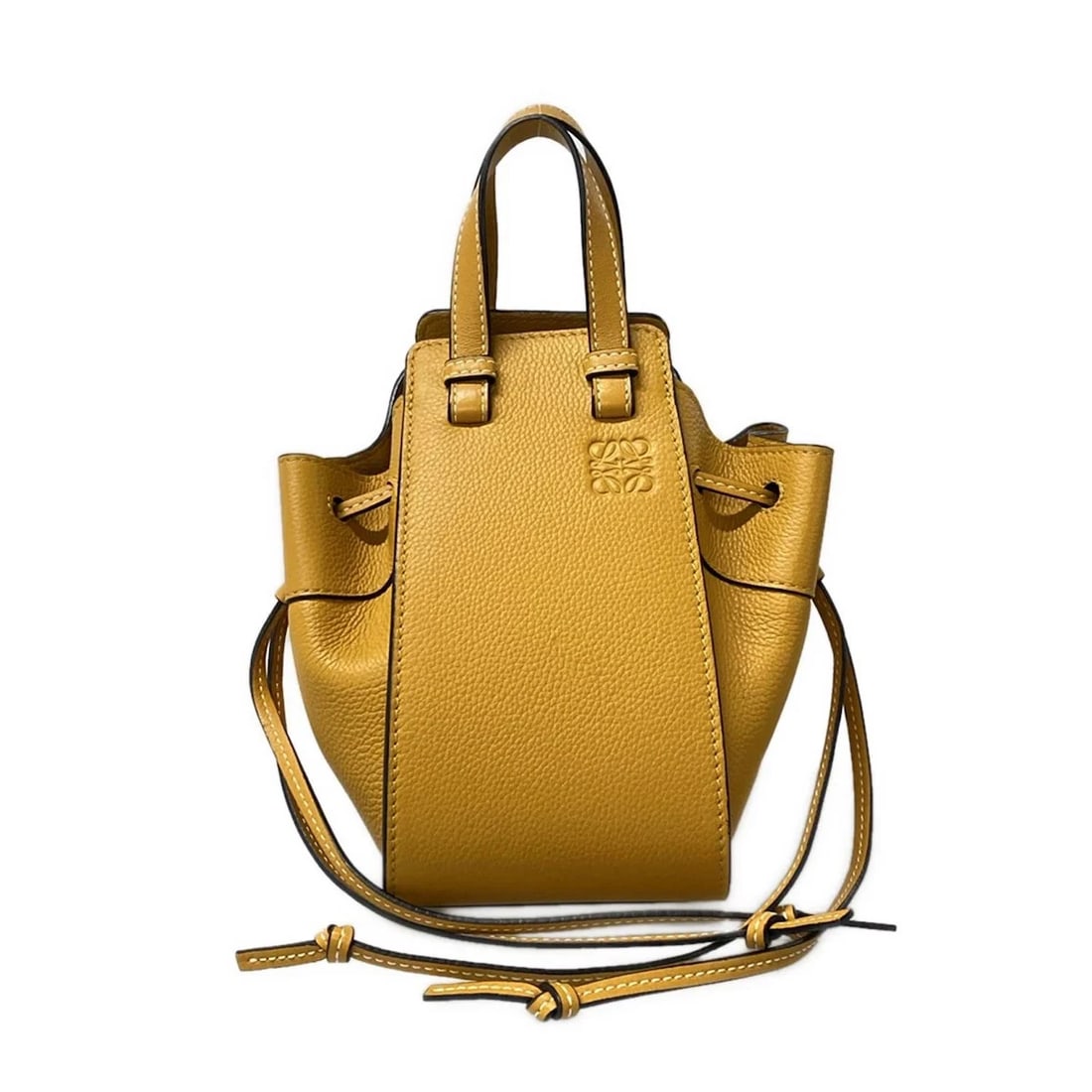 LOEWE HAMMOCK DRAWSTRING BAG MINI HANDBAG: LOEWE Hammock Drawstring Bag Mini Handbag Brand: LOEWE Type: Handbag Material: Soft Grain Calf, Smooth Calf Color: Orange Size: Height : 7.09 inch (18 cm) Width : 4.13 inch - 6.89 inch Depth : 6.1