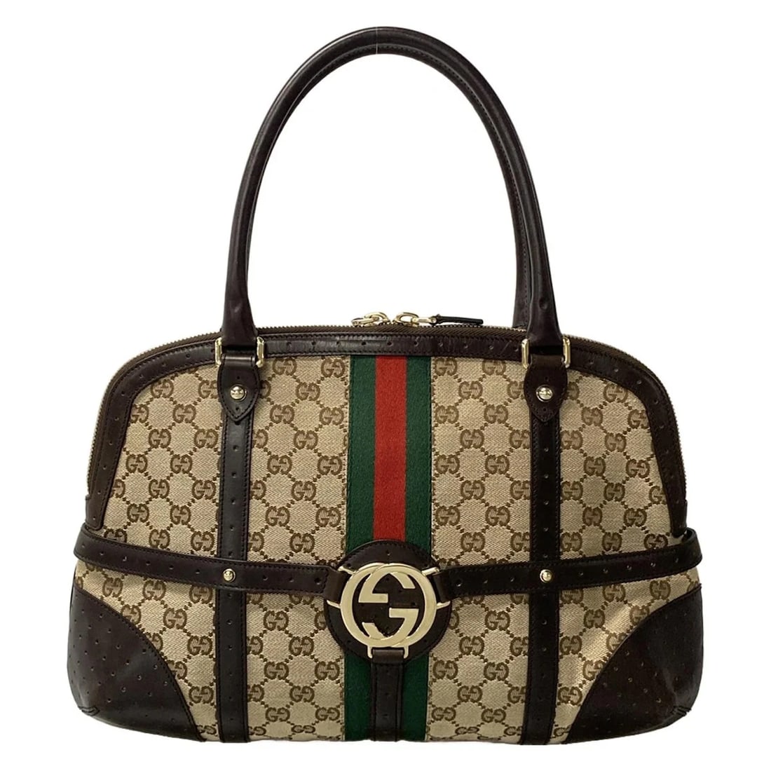 GUCCI SHELLY/DOUBLE G/GG DARK BROWN BEIGE MULTI LEATHER HANDBAG: GUCCI Shelly/Double G/GG Dark Brown Beige Multi Leather Handbag Brand: GUCCI Type: Handbag Material: Leather, Jacquard, Cotton Color: Dark Brown, Beige, Multi Size: Height : 11.42 inch (29 cm)