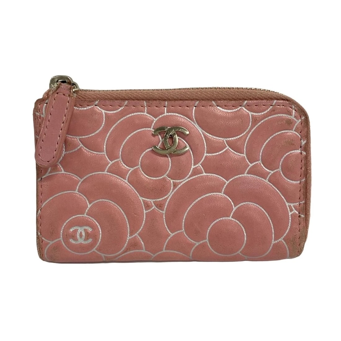 CHANEL CAMELLIA - PINK WHITE LAMBSKIN COIN CASE: CHANEL Camellia - Pink White Lambskin Coin Case Brand: CHANEL Type: Coin Case Material: Lambskin Color: Pink, White Size: Height : 2.95 inch (7.5 cm) Width : 4.53 inch (11.5 cm) Depth : 0.59 inch