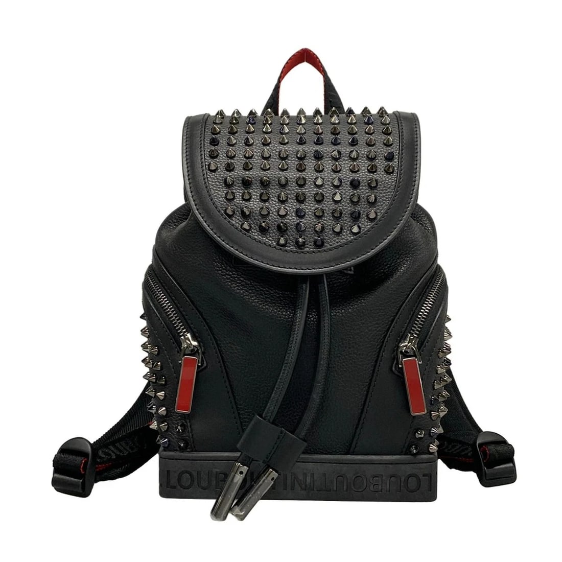 CHRISTIAN LOUBOUTIN EXPLORER FUNK LEATHER RUBBER BACKPACK: CHRISTIAN LOUBOUTIN Explorer Funk Leather Rubber Backpack Brand: CHRISTIAN LOUBOUTIN Type: Backpack Material: Leather, Rubber Color: Black, Red Size: Height : 10.24 inch (26 cm) Width : 7.09 inch