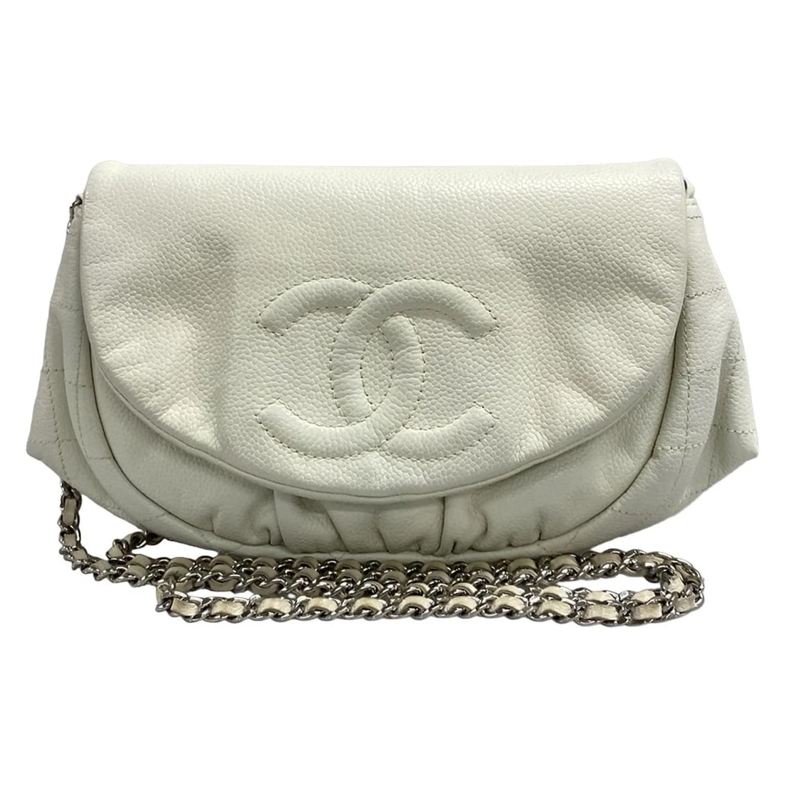 CHANEL HALF MOON CREAM CALFSKIN OTHER STYLE WALLET OTHER STYLE WALLET: CHANEL Half Moon Cream Calfskin Other Style Wallet Other Style Wallet Brand: CHANEL Type: Other Style Wallet Material: Calfskin Color: Cream Size: Height : 5.71 inch (14.5 cm) Width : 9.25 inch (2