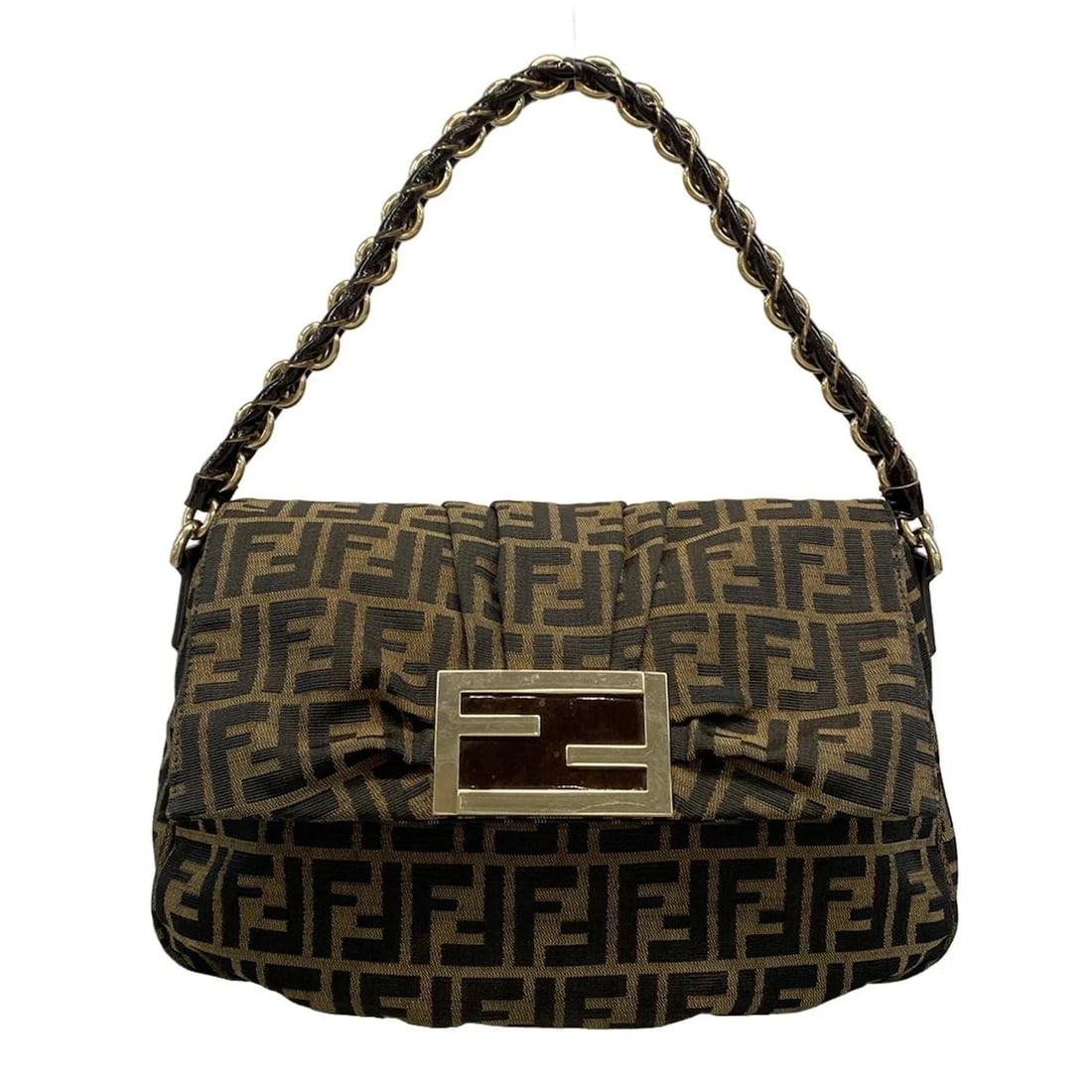 FENDI MIA/ZUCCA DARK BROWN BEIGE JACQUARD LEATHER SHOULDER BAG (1 of 12)