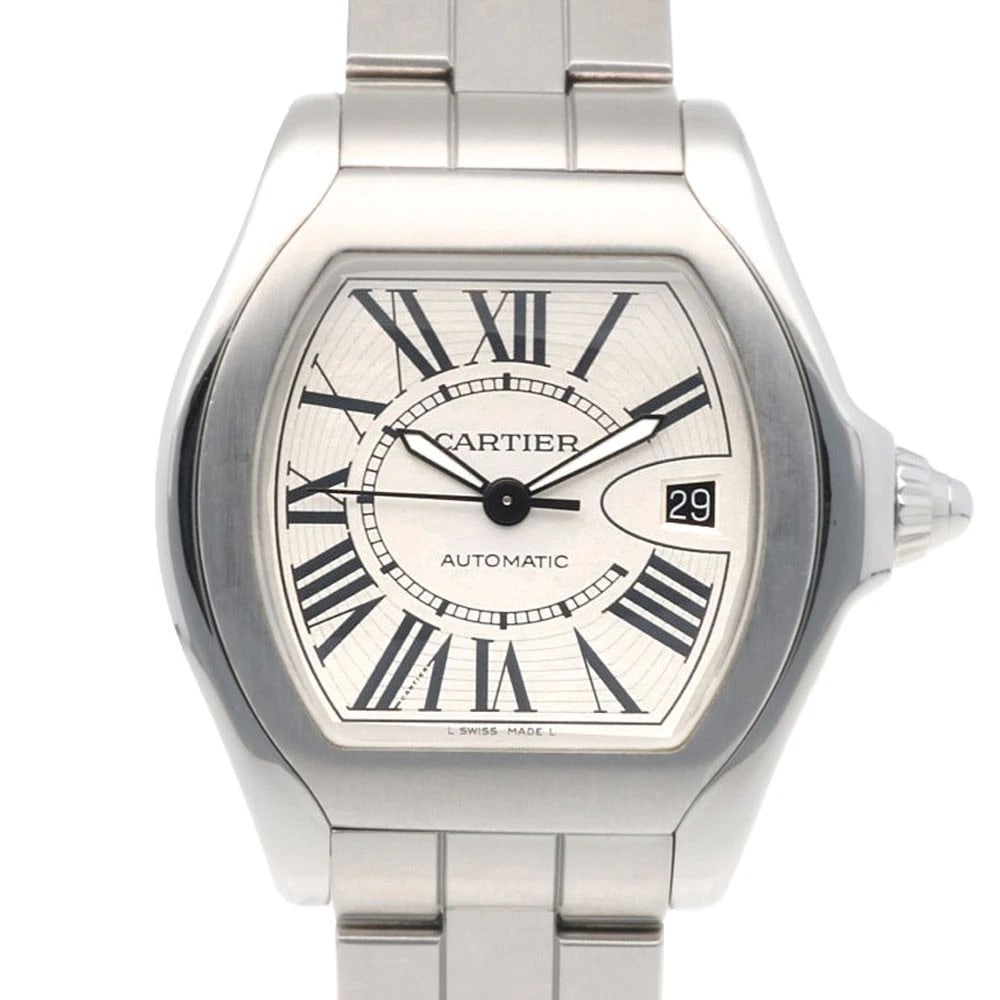 CARTIER ROADSTER WATCHES STAINLESS STEEL WATCH: CARTIER Roadster Watches Stainless Steel Watch Brand: CARTIER Type: Wristwatch Material: Case : Stainless Steel Band : Stainless Steel Color: Silver / Ivory Size: Case:W1.6inch x H1.8inch/ W40.5mm